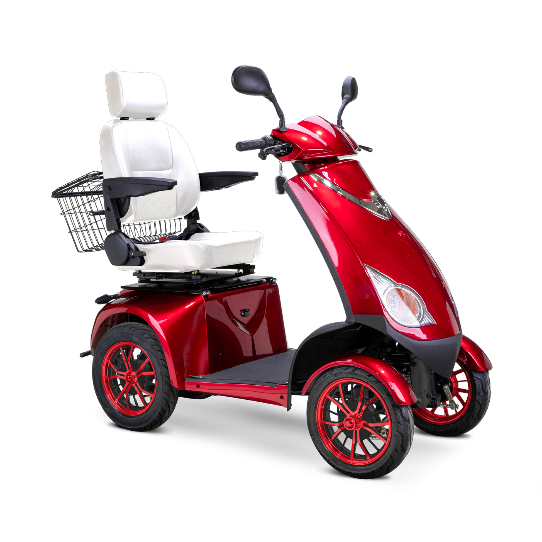 The Bespoke Platinum Recreational 4-Wheel Scooter with Electric Brake Assist features a shiny red finish, powerful motor, white cushioned seat, black armrests, rear basket, and handlebars with mirrors.
